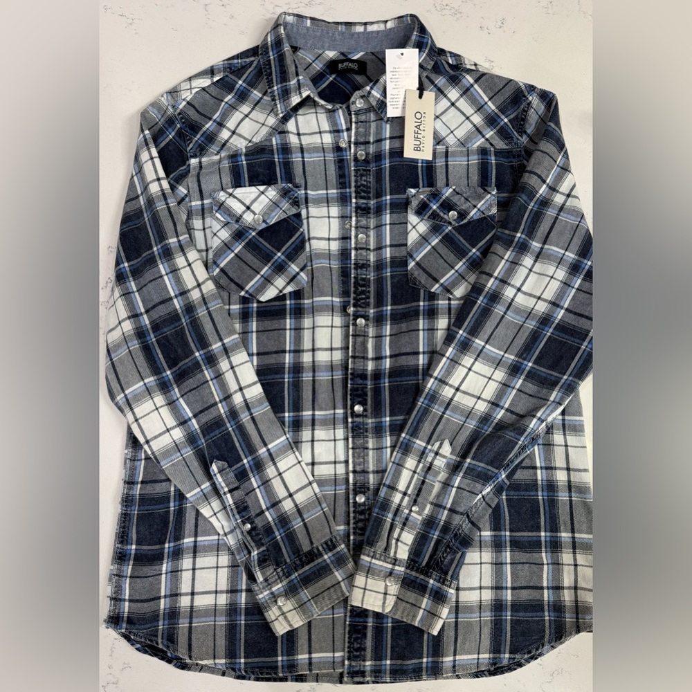 Buffalo David Bitton Men's Blue and White Checkered Shirt